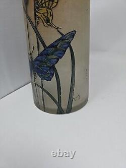 Antique Signed Legras Art Nouveau Butterfly Hand Enameled Vase 13 3/4 France