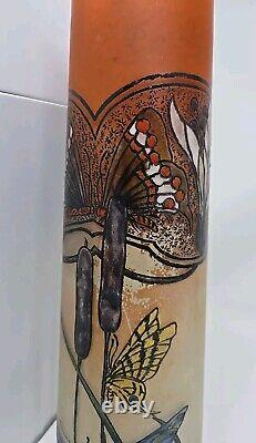 Antique Signed Legras Art Nouveau Butterfly Hand Enameled Vase 13 3/4 France