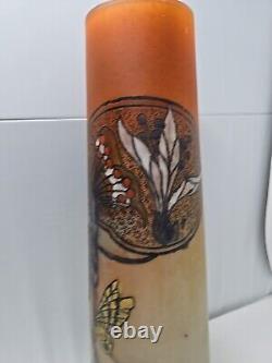 Antique Signed Legras Art Nouveau Butterfly Hand Enameled Vase 13 3/4 France