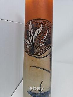 Antique Signed Legras Art Nouveau Butterfly Hand Enameled Vase 13 3/4 France