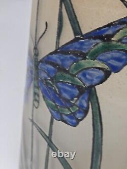 Antique Signed Legras Art Nouveau Butterfly Hand Enameled Vase 13 3/4 France