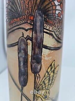 Antique Signed Legras Art Nouveau Butterfly Hand Enameled Vase 13 3/4 France