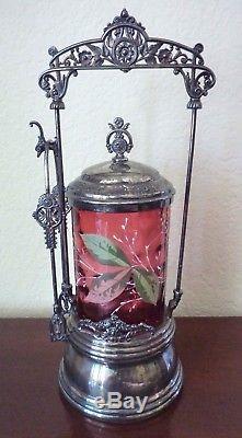 Antique Silverplate Pickle Castor Stand Cranberry Painted Glass Jar Victorian