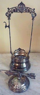 Antique Silverplate Pickle Castor Stand Cranberry Painted Glass Jar Victorian