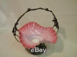 Antique Silverplated Bridal Basket VICTORIAN Glass Art Ruffled Edge Pink Bowl