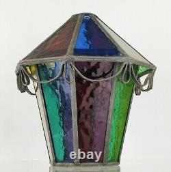 Antique Stained Glass Hall Lantern Light Shade lead lined Arts Crafts Victorian