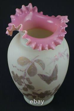 Antique Stevens Williams Bristol 1888 Satin Pink Ruffle Enamel Art Glass Vase