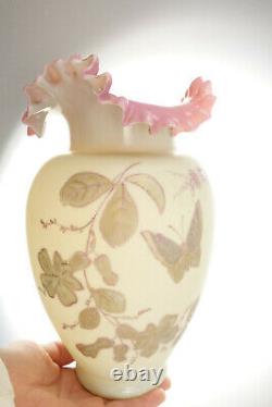 Antique Stevens Williams Bristol 1888 Satin Pink Ruffle Enamel Art Glass Vase