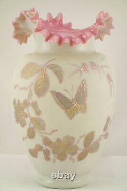 Antique Stevens Williams Bristol 1888 Satin Pink Ruffle Enamel Art Glass Vase