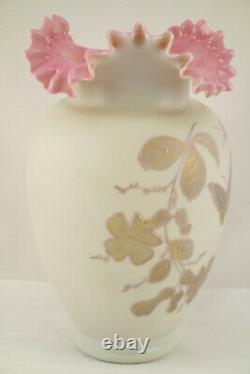 Antique Stevens Williams Bristol 1888 Satin Pink Ruffle Enamel Art Glass Vase