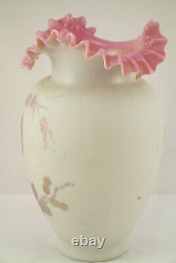 Antique Stevens Williams Bristol 1888 Satin Pink Ruffle Enamel Art Glass Vase