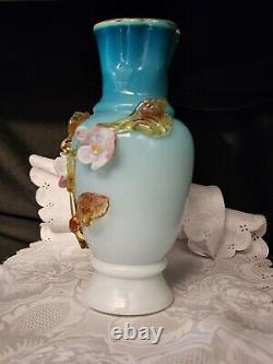 Antique Stevens & Williams Turquoise Over Opal White Stylized Flowers & Leaves