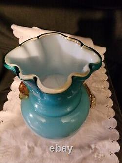 Antique Stevens & Williams Turquoise Over Opal White Stylized Flowers & Leaves