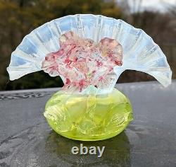 Antique Stevens and Williams English Overlay Fan Vase Uranium Vaseline Glass
