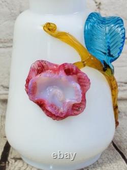 Antique Stevens and Williams Victorian Art Satin Glass Vase 8 Applied Flowers Antique Stevens and Williams Victorian Art Satin Glass Vase 8 Applied Flowers