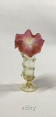 Antique Stourbridge 8 Victorian Art Glass Vase Vaseline & Pink Floral