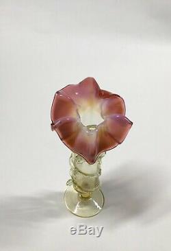 Antique Stourbridge 8 Victorian Art Glass Vase Vaseline & Pink Floral