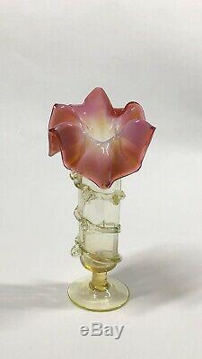 Antique Stourbridge 8 Victorian Art Glass Vase Vaseline & Pink Floral