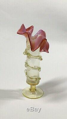 Antique Stourbridge 8 Victorian Art Glass Vase Vaseline & Pink Floral