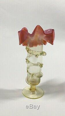 Antique Stourbridge 8 Victorian Art Glass Vase Vaseline & Pink Floral