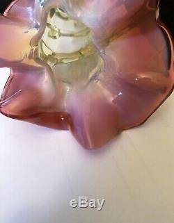 Antique Stourbridge 8 Victorian Art Glass Vase Vaseline & Pink Floral