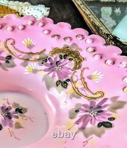 Antique Thomas Webb Mt. Washington Satin Glass Pink Bride's Bowl Raised Enamal