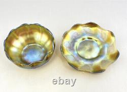 Antique Tiffany Art Glass Finger Bowl and Underplate Gold Iridescent Favrile 6