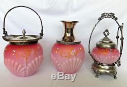 Antique VICTORIAN CONSOLIDATED PINK SHELL and SEAWEED SATIN GLASS 6 piece Set