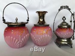 Antique VICTORIAN CONSOLIDATED PINK SHELL and SEAWEED SATIN GLASS 6 piece Set