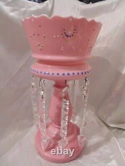 Antique VICTORIAN Enamel Painted Cased PINK GLASS MANTEL LUSTER 8 Crystal Prism