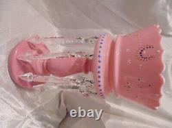 Antique VICTORIAN Enamel Painted Cased PINK GLASS MANTEL LUSTER 8 Crystal Prism