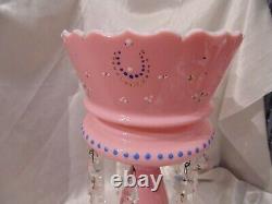 Antique VICTORIAN Enamel Painted Cased PINK GLASS MANTEL LUSTER 8 Crystal Prism