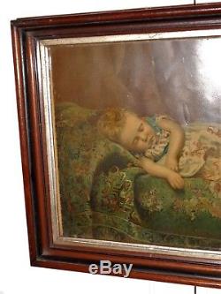 Antique VICTORIAN Girl Sleeping Lost Shoe Chromo PRINT Walnut Frame Old Glass