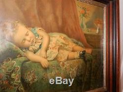Antique VICTORIAN Girl Sleeping Lost Shoe Chromo PRINT Walnut Frame Old Glass