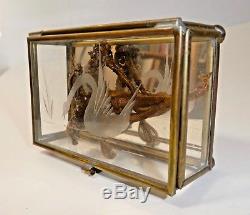 Antique VICTORIAN HAIR MOURNING Floral ART/ IN GLASS WHEEL CUT BOX 1800s