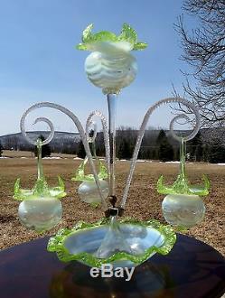 Antique VICTORIAN OPALESCENT Art Glass EPERGNE with HANGING BASKETS CENTERPIECE