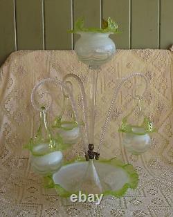 Antique VICTORIAN OPALESCENT Art Glass EPERGNE with HANGING BASKETS CENTERPIECE