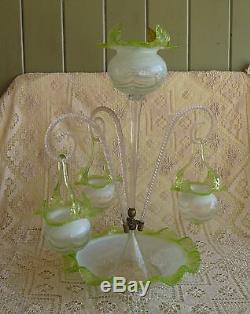 Antique VICTORIAN OPALESCENT Art Glass EPERGNE with HANGING BASKETS CENTERPIECE