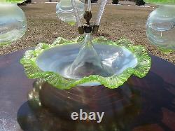 Antique VICTORIAN OPALESCENT Art Glass EPERGNE with HANGING BASKETS CENTERPIECE