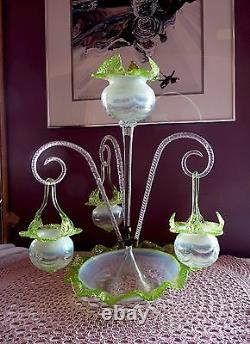 Antique VICTORIAN OPALESCENT Art Glass EPERGNE with HANGING BASKETS CENTERPIECE