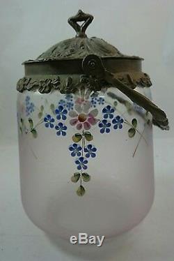 Antique VICTORIAN Satin Glass Silverplate Handpainted BISCUIT BARREL Cookie Jar