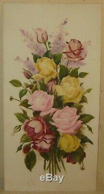 Antique VICTORIAN Still life ROSES & LILACS Flowers Oil Painting on MILK GLASS