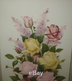 Antique VICTORIAN Still life ROSES & LILACS Flowers Oil Painting on MILK GLASS