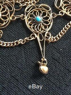 Antique VICTORIAN ornate Gold Over Metal Aqua Blue art Glass bead Necklace