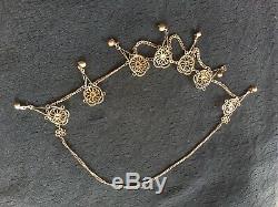 Antique VICTORIAN ornate Gold Over Metal Aqua Blue art Glass bead Necklace