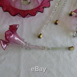 Antique Victorian 1800's Cranberry Art Glass 4 Horns & 3 Hanging Epergne Rare
