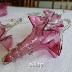 Antique Victorian 1800's Cranberry Art Glass 4 Horns & 3 Hanging Epergne Rare