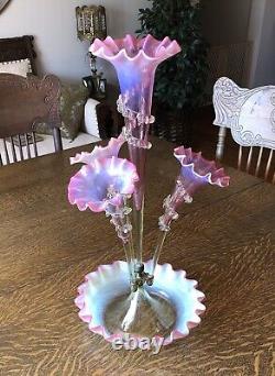 Antique Victorian 1890s Vaseline & Cranberry OPALESCENT 4-Lily EPERGNE withRigaree