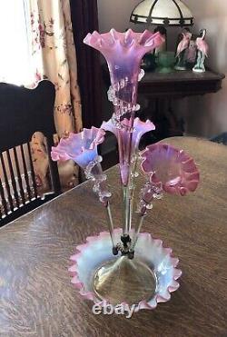 Antique Victorian 1890s Vaseline & Cranberry OPALESCENT 4-Lily EPERGNE withRigaree