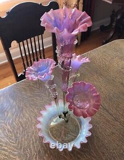 Antique Victorian 1890s Vaseline & Cranberry OPALESCENT 4-Lily EPERGNE withRigaree